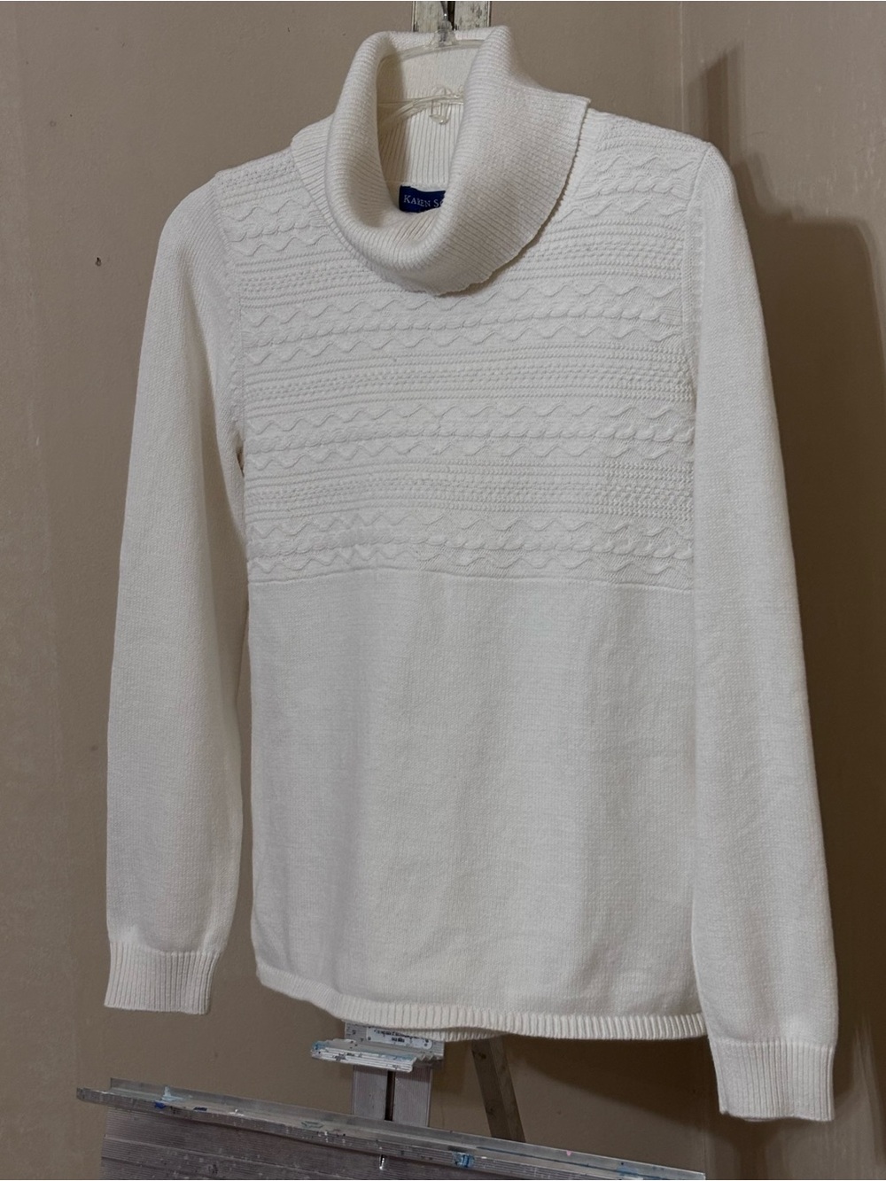 Karen Scott Mixed Cable Knit Textured Bib Turtleneck Sweater White M